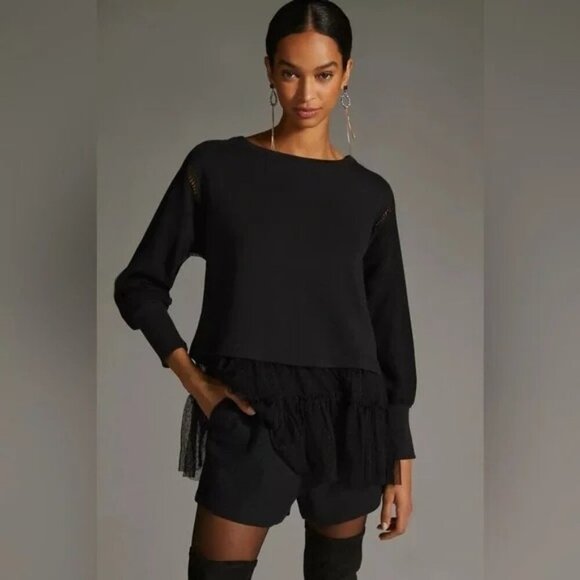 Free People Black Pullover With Sheer Ruffle Hem & Crochet Details Small Petite - Picture 1 of 10
